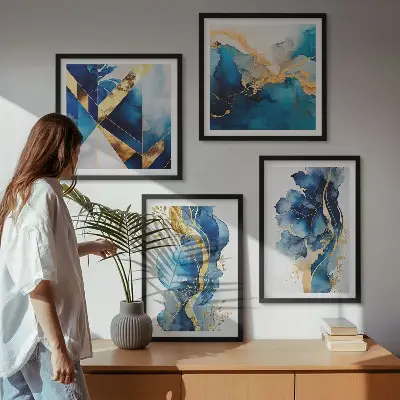 Blauwe abstracte patronen set van posters met lijst