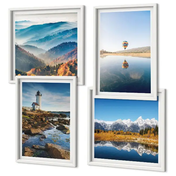 Set van posters met lijst met uitzicht op de natuur, de vuurtoren en de bergen