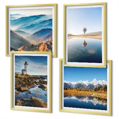 Set van posters met lijst met uitzicht op de natuur, de vuurtoren en de bergen