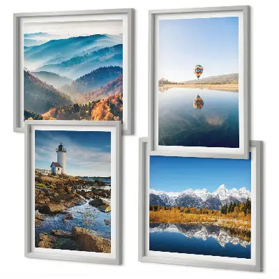 Set van posters met lijst met uitzicht op de natuur, de vuurtoren en de bergen