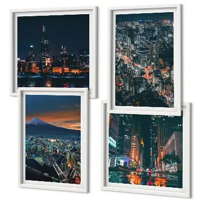 Set van posters met lijst Uitzicht op de stad vanuit de bergen 's nachts