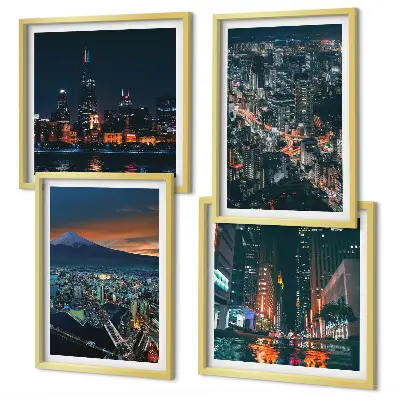 Set van posters met lijst Uitzicht op de stad vanuit de bergen 's nachts