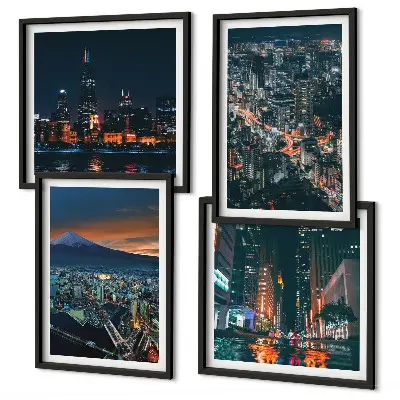 Set van posters met lijst Uitzicht op de stad vanuit de bergen 's nachts