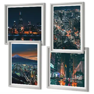Set van posters met lijst Uitzicht op de stad vanuit de bergen 's nachts