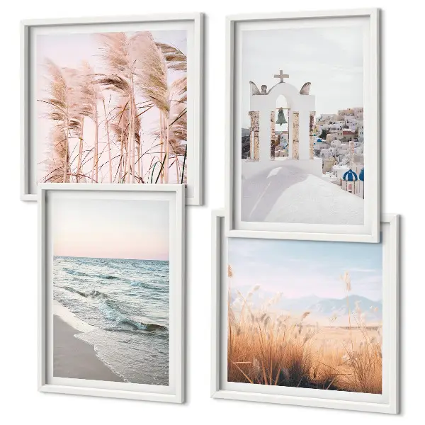 Poster set met lijst met afbeeldingen van planten zeegolven uitzicht en huizen