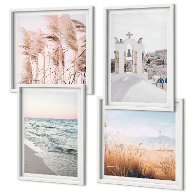 Set van posters met lijst Planten, zeegolven, uitzicht, huizen