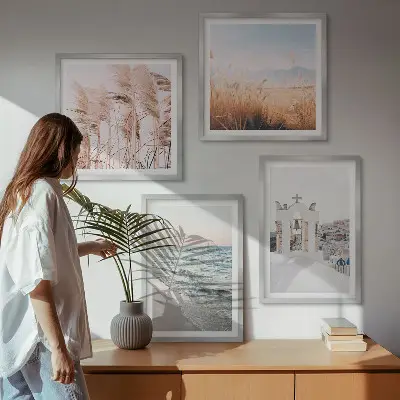 Poster set met lijst met afbeeldingen van planten zeegolven uitzicht en huizen