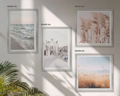 Poster set met lijst met afbeeldingen van planten zeegolven uitzicht en huizen