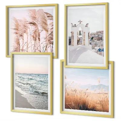 Poster set met lijst met afbeeldingen van planten zeegolven uitzicht en huizen