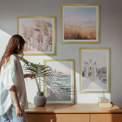 Poster set met lijst met afbeeldingen van planten zeegolven uitzicht en huizen