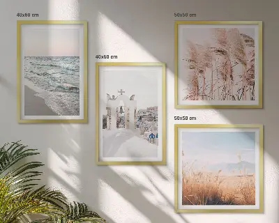 Poster set met lijst met afbeeldingen van planten zeegolven uitzicht en huizen