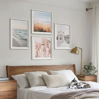 Poster set met lijst met afbeeldingen van planten zeegolven uitzicht en huizen