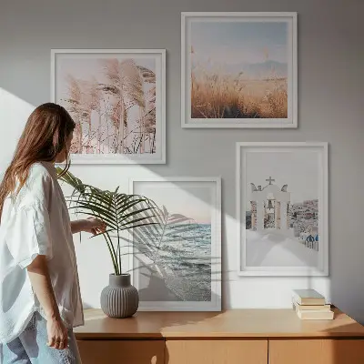 Poster set met lijst met afbeeldingen van planten zeegolven uitzicht en huizen