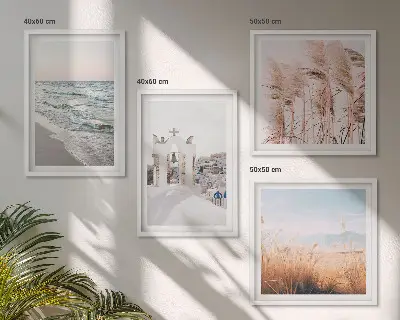 Poster set met lijst met afbeeldingen van planten zeegolven uitzicht en huizen
