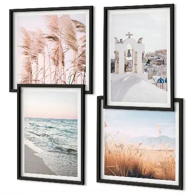 Poster set met lijst met afbeeldingen van planten zeegolven uitzicht en huizen