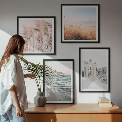 Poster set met lijst met afbeeldingen van planten zeegolven uitzicht en huizen