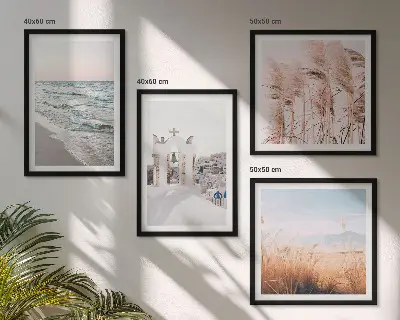 Poster set met lijst met afbeeldingen van planten zeegolven uitzicht en huizen