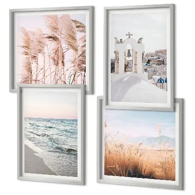 Poster set met lijst met afbeeldingen van planten zeegolven uitzicht en huizen