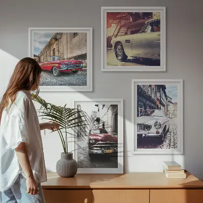 Klassieke auto's in steden meerluik in lijst