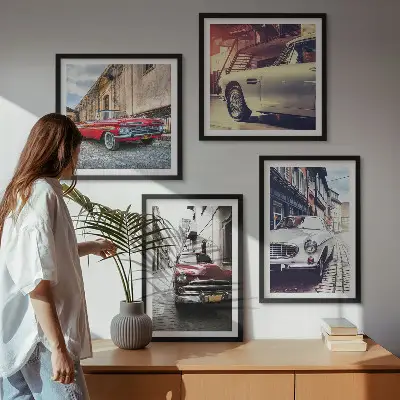 Klassieke auto's in steden meerluik in lijst