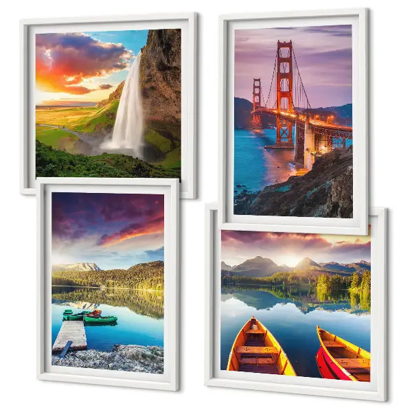 Set posters met lijsten bergmeren, boten en bruggen