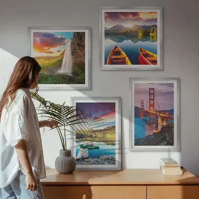 Set posters met lijsten bergmeren, boten en bruggen