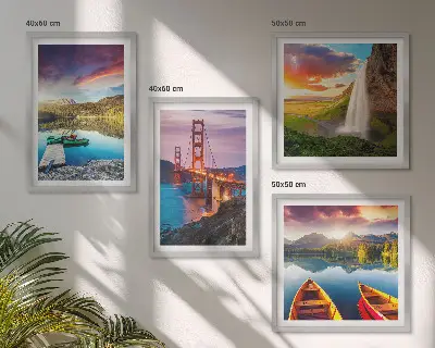 Set posters met lijsten bergmeren, boten en bruggen