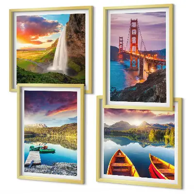 Set posters met lijsten bergmeren, boten en bruggen