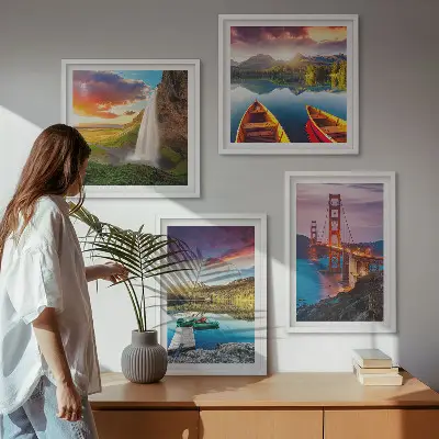 Set posters met lijsten bergmeren, boten en bruggen