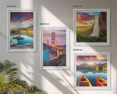 Set posters met lijsten bergmeren, boten en bruggen