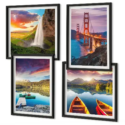 Set posters met lijsten bergmeren, boten en bruggen