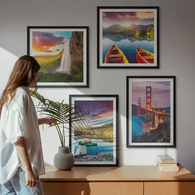 Set posters met lijsten bergmeren, boten en bruggen
