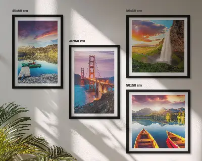 Set posters met lijsten bergmeren, boten en bruggen