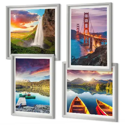 Set posters met lijsten bergmeren, boten en bruggen