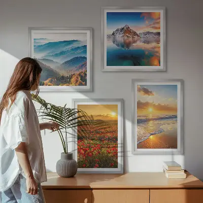 Landschappen van bergen en zeeën in het westen meerluik in lijst