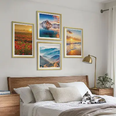 Landschappen van bergen en zeeën in het westen meerluik in lijst