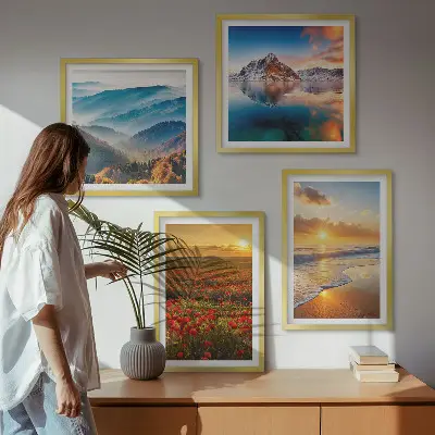 Landschappen van bergen en zeeën in het westen meerluik in lijst