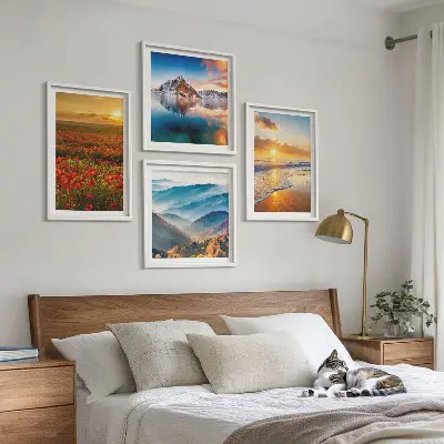 Landschappen van bergen en zeeën in het westen meerluik in lijst