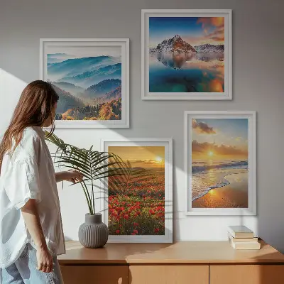 Landschappen van bergen en zeeën in het westen meerluik in lijst