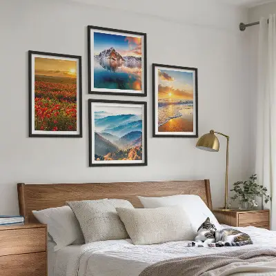 Landschappen van bergen en zeeën in het westen meerluik in lijst
