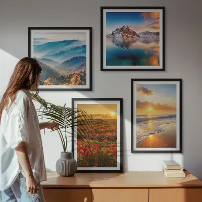 Landschappen van bergen en zeeën in het westen meerluik in lijst