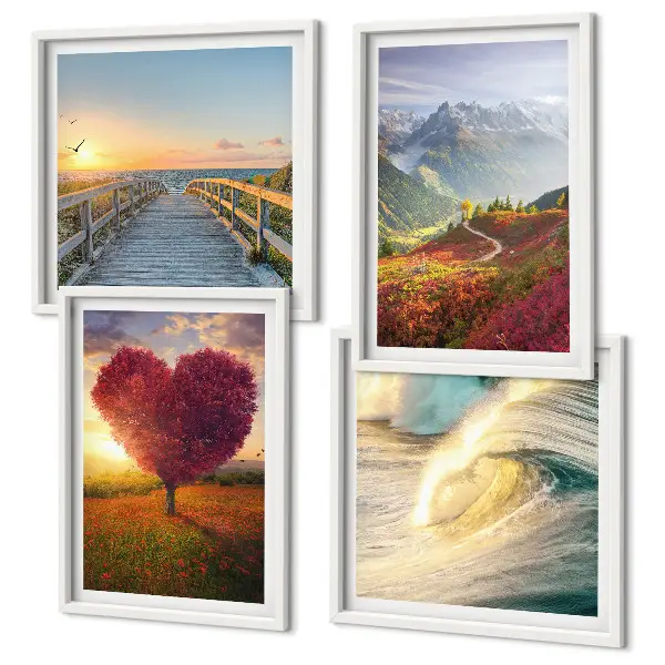 Set van posters met lijst met afbeeldingen van landschappen, bergen, golven, bomen, harten en een pier