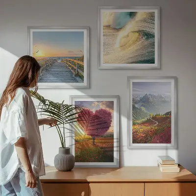 Set van posters met lijst met afbeeldingen van landschappen, bergen, golven, bomen, harten en een pier