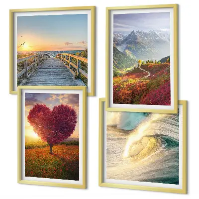 Set van posters met lijst met afbeeldingen van landschappen, bergen, golven, bomen, harten en een pier