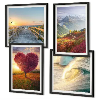 Set van posters met lijst met afbeeldingen van landschappen, bergen, golven, bomen, harten en een pier