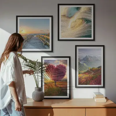 Set van posters met lijst met afbeeldingen van landschappen, bergen, golven, bomen, harten en een pier