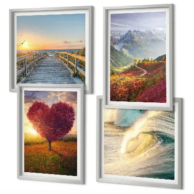 Set van posters met lijst met afbeeldingen van landschappen, bergen, golven, bomen, harten en een pier