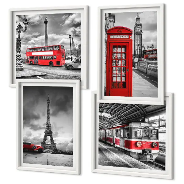 Set van posters met lijst iconische steden Londen en Parijs spoorwegthema