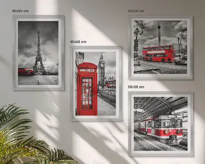 Set van posters met lijst iconische steden Londen en Parijs spoorwegthema