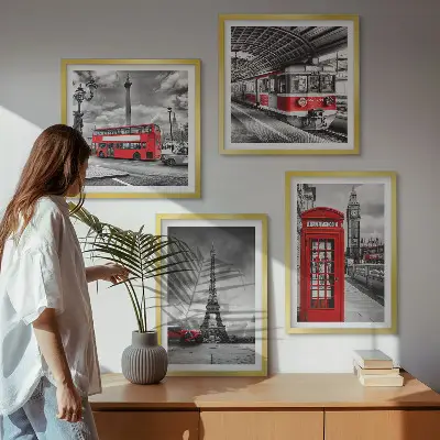 Set van posters met lijst iconische steden Londen en Parijs spoorwegthema